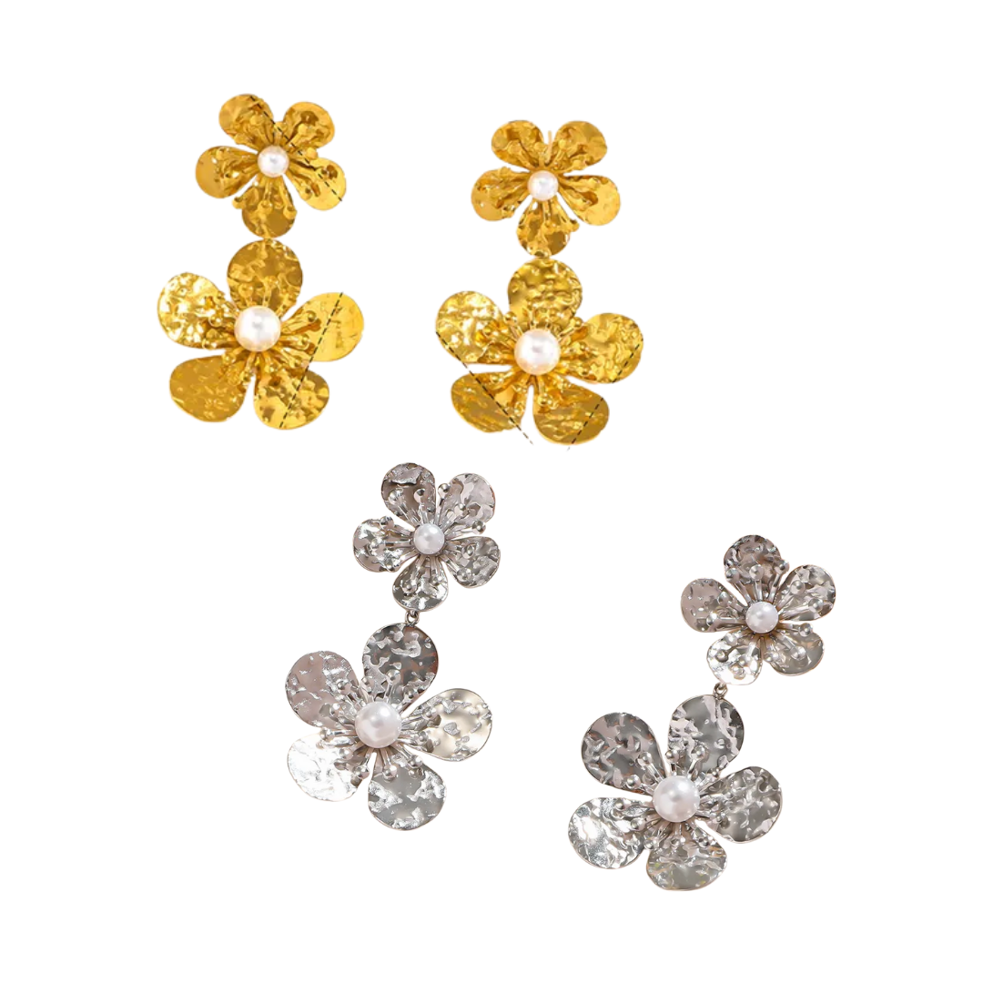 Aretes Flor Perla Doble